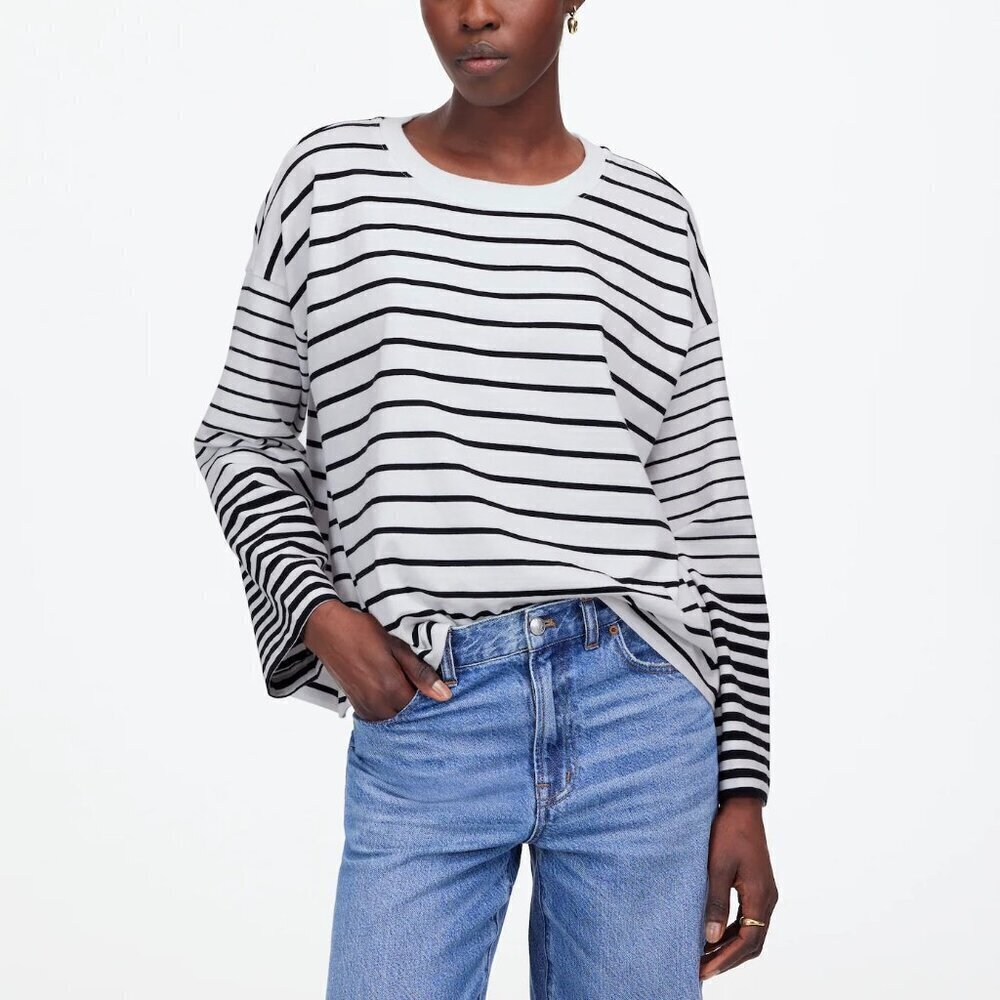 Madewell Easy Crewneck Long Sleeve Tee White Black Stripes Size XL NWT
